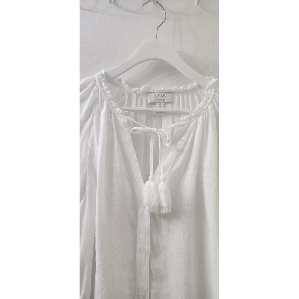 Charter Club Luxury White Linen Embroidered Peasant Blouse Tassel Tie Medium - Picture 2 of 7